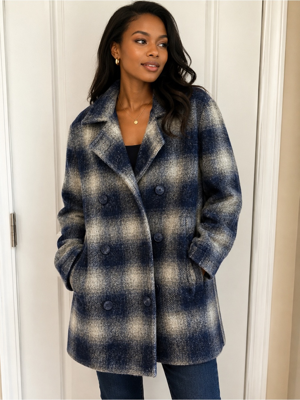 Jones Jeans Blue & White Plaid Wool Blend Pea Coat